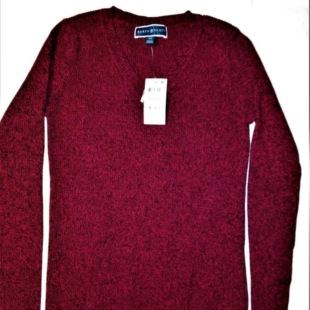 NEW Karen Scott Women's V-Neck Sweater Dark Red 100% Cotton Size Petite
